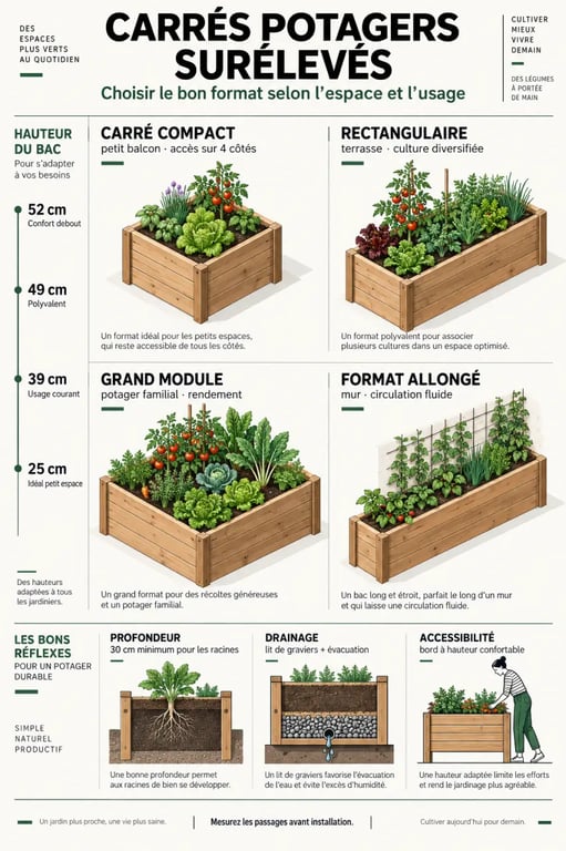 Infographie des formats et hauteurs de carrés potager surélevés