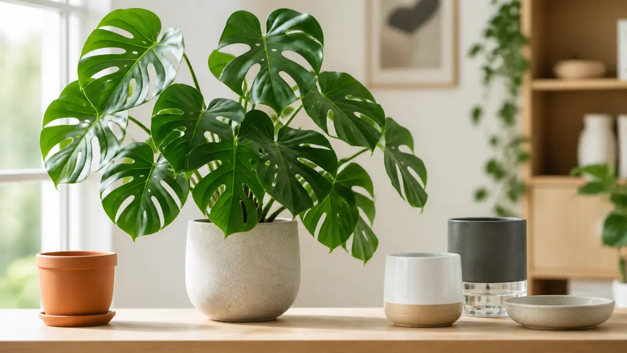 Monstera dans un pot en céramique décoratif sur un meuble lumineux