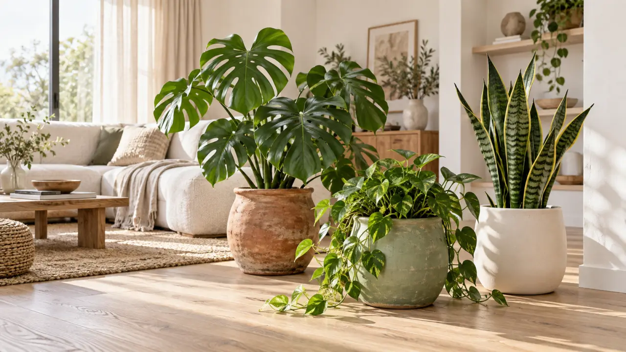 Trois cache-pots en céramique avec des plantes dans un salon lumineux