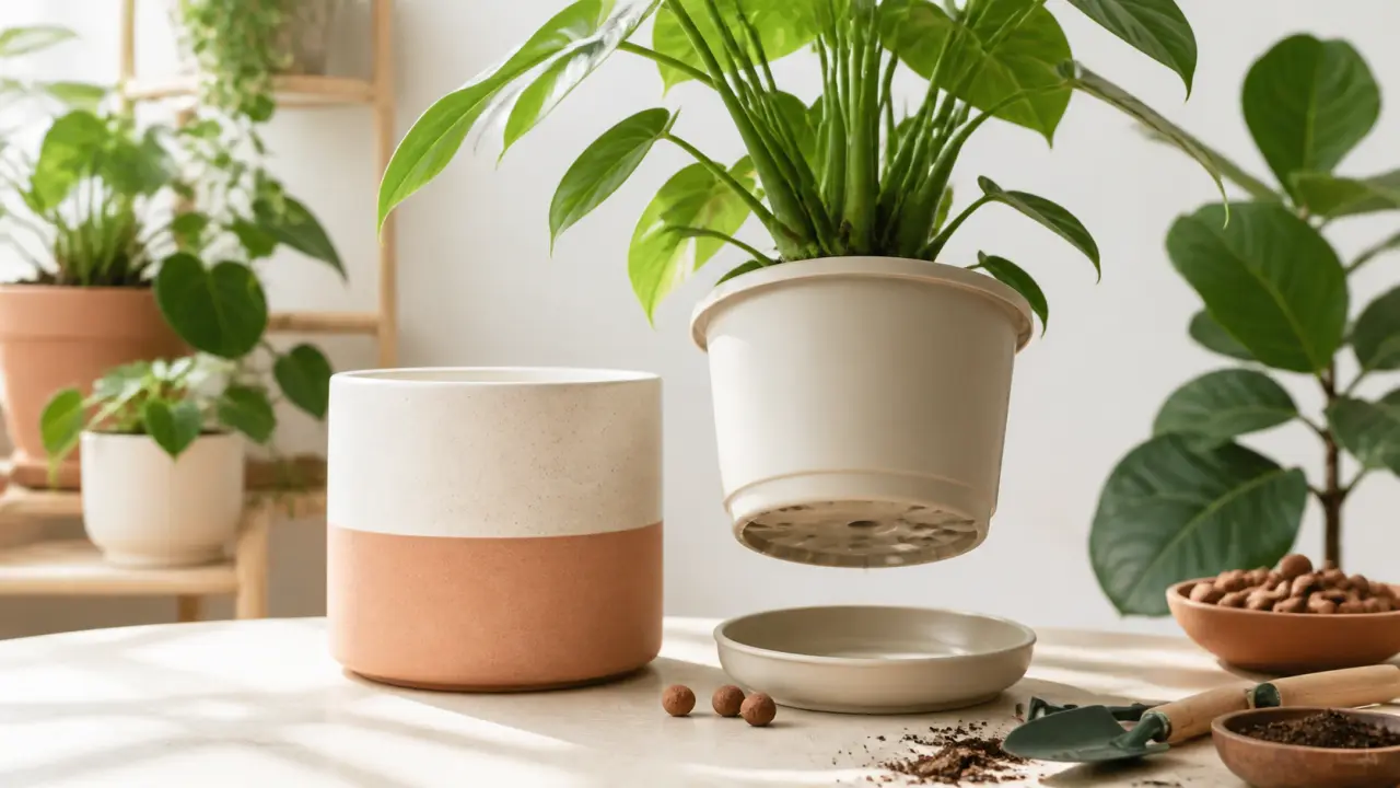 Pots en céramique colorés dans une cuisine lumineuse avec des plantes d'intérieur