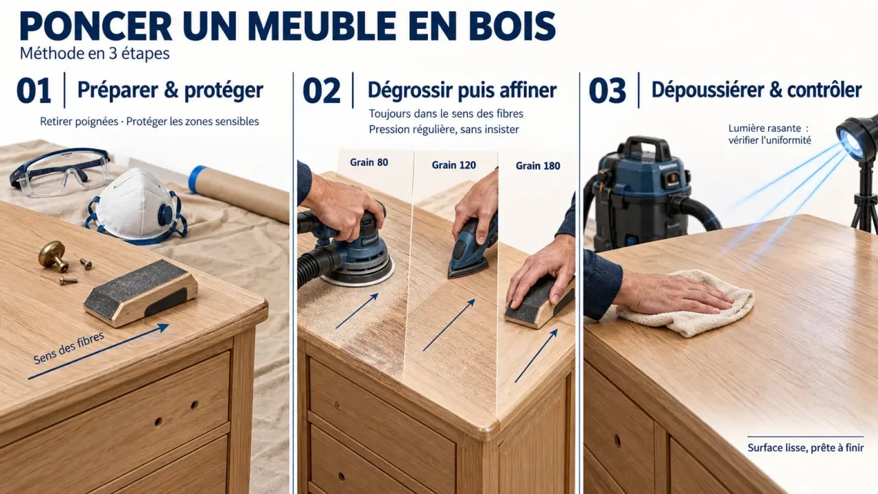 Poncer bois : étapes de préparation, progression des grains et dépoussiérage d’un meuble