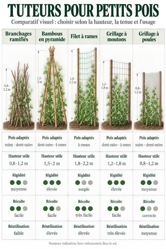 Comparaison visuelle des tuteurs pour petits pois selon la variété et la hauteur