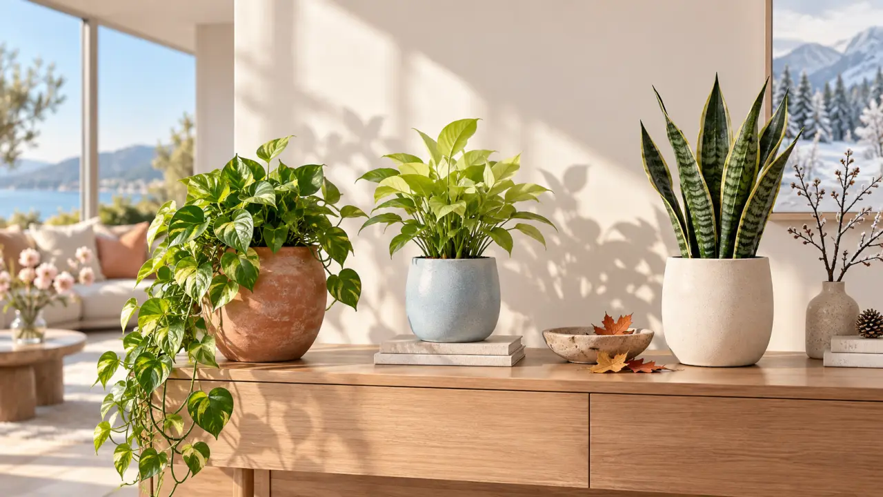 Collection de pots en céramique colorés accueillant des plantes d'intérieur au fil des saisons