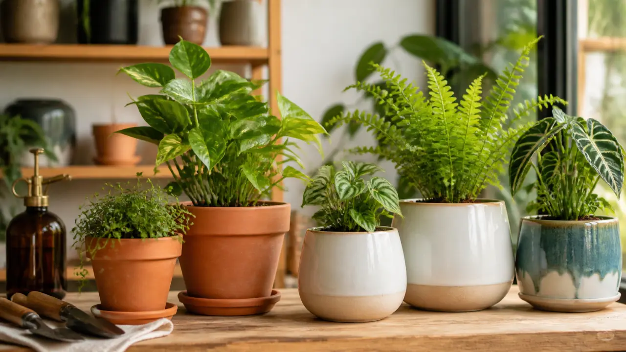Cuisine lumineuse avec des pots en céramique colorés et des plantes d'intérieur